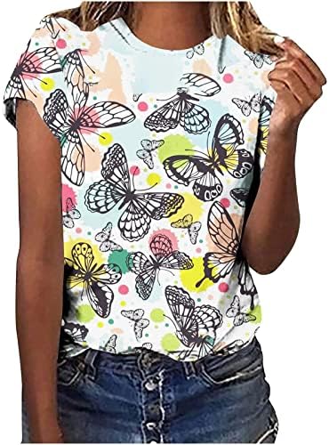 Blusa de spandex de pescoço da tripulação para mulheres de cotovelo curto Butterfly Floral Graphic Brunch Tops Basic Teen Girls 2023