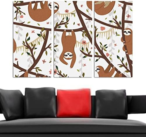 Arte da parede para sala de estar, preguiças engraçadas penduradas no padrão de árvore emoldurado por pintura a óleo decorativa
