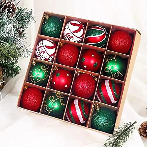 16 Bolas de bola de Natal, bolas de enfeites de árvore de Natal de 60 mm, conjunto tradicional de bola de Natal vermelho, verde e branco, decorações de Natal para festa de aniversário em família