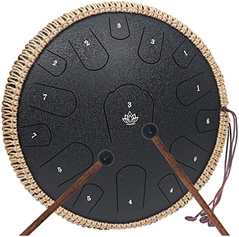 Tambor de língua de aço yasisid 14 polegadas 15 notas instrumentos musicais, instrumento de percussão de tambor de mão de mão com bolsa macia, livro de música e 2 marretas para meditação ou ioga