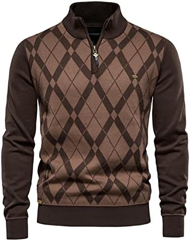 Xiaxogool Mens Quarter Zip Sweater, suéter de quarto de zip masculino Argyle Stand Collar Trowiting Pullovers Knit Slim Fit Pullover
