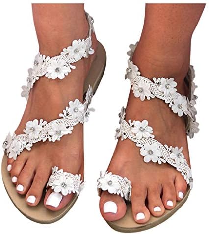 Sandálias femininas de verão com renda floral sandálias de pérolas planas damas casuais redondo sandálias fechadas