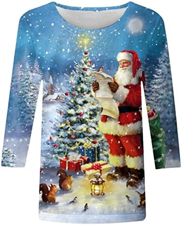 3/4 Holida de luva Tops Mulheres de impressão de árvore de Natal Camisetas com Papai Noel Pattern Pattern 3d Snowman Hat Hat Tee Graphic