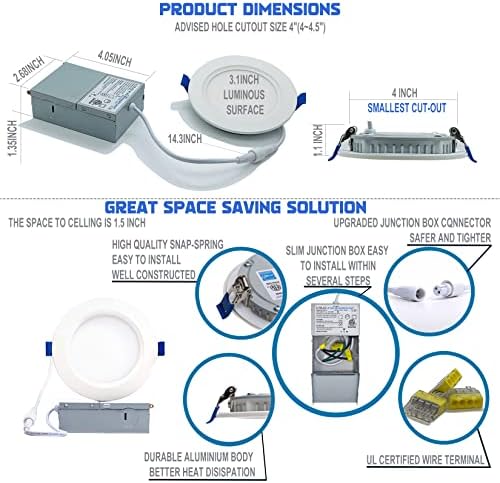 KTRAD LED 4 polegadas LED RECUTADO Caixa de junção, 4000k Branco neutro, 10,5W EPV 85W, Downlight Dimmable Can -Miller, 920lm Ile