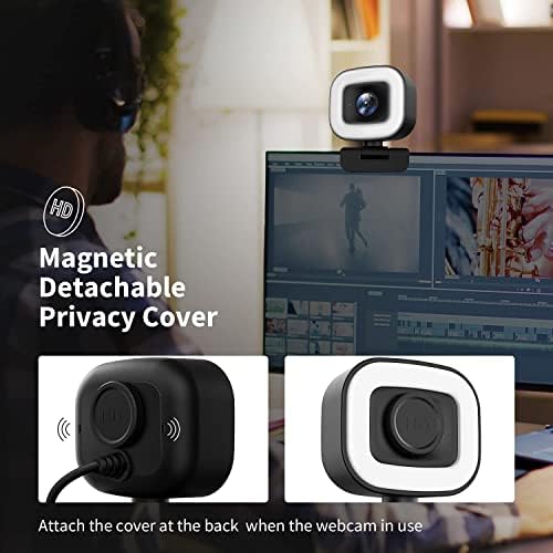 60fps webcam com luz de anel, câmera da web de foco automático 1080p com microfone duplo e cobertura de privacidade ，