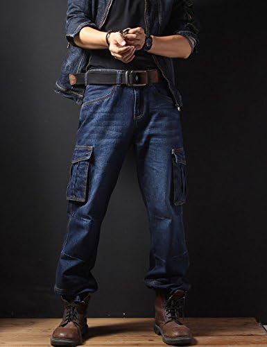 Yeokou masculino casual masculino calça jeans de jeans com bolsos de carga
