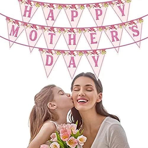 Feliz Dia das Mães Banner Dia das Mães Decoração de Aniversário para Mulheres Decorações de Partes de Partes Rosa Pink Flores Rosa Mães Decorações de Decorações