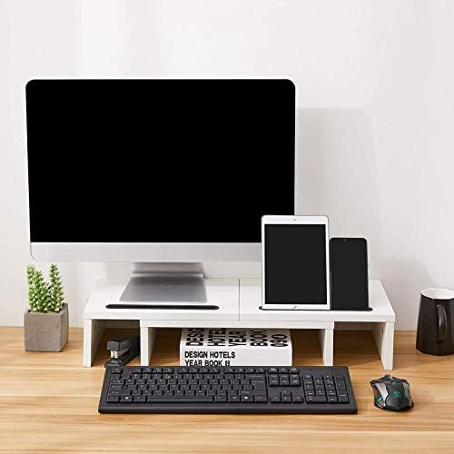 SuperJare Dual Monitor Stand Riser, suporte de tela ajustável, organizador de armazenamento de suporte para desktop para laptop computador/tv/pc/impressora, 2 slot extra funcional para tablet/caneta/telefone - branco