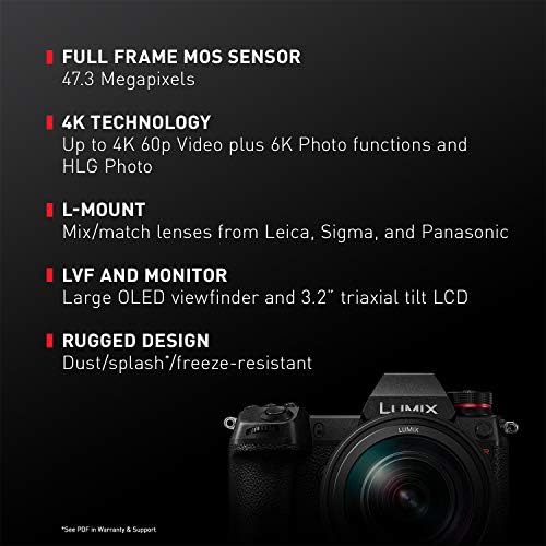 Panasonic Lumix S1R Câmera de armação completa sem espelho com sensor de alta resolução de 47,3MP, lente da série F4 L-Mount S, vídeo 4K HDR e 3,2 ”LCD-DC-S1RMK