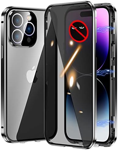 Protetor de tela de privacidade de Kumwum para iPhone 14 Pro Max Caso de corpo completo Magnético Metal Metal Metal Bumper Slim Fin -Back e traseiro 360 Proteção com lente de câmera Tampa de protetor - preto