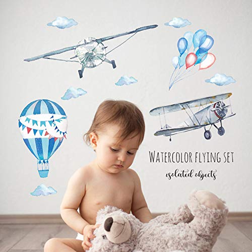 WallPark aquarela adesivo de parede de avião, aeronaves de balão de ar quente decalque removível de parede, crianças