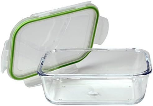Borossilicate Microondas e forno seguro Recipiente de armazenamento de alimentos de vidro retangular com tampa de plástico de travamento, revestimento verde, 57 oz, transparente
