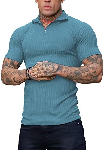 Camisetas musculares masculinas de urru masculina de manga curta de zíper pólo camisa casual fit