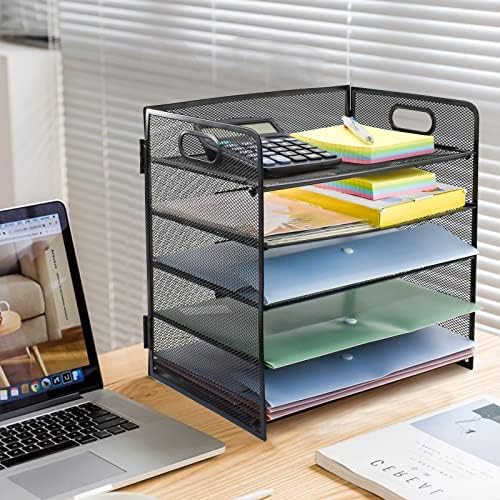 Vanra 5 bandejas Organizador de papel Metal Mesh Cartle Bandeja Black Desktop Literature Rack com alça para casa, escritório