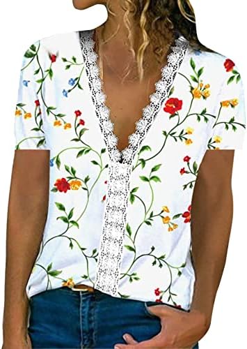 2023 Tops de verão para mulheres moda Floral Floral Lace Patchwork Pullover V Camisetas de blusa de blusa casual soltas