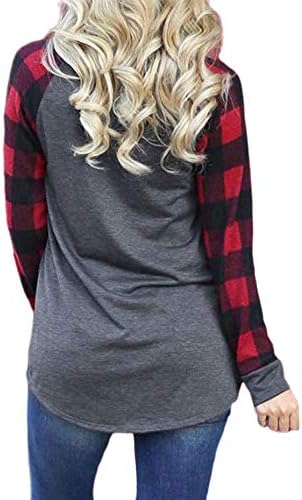 Feliz Natal Camista para Mulheres Baseball Manga Longa Raglan Camiseta Plaid Splicing