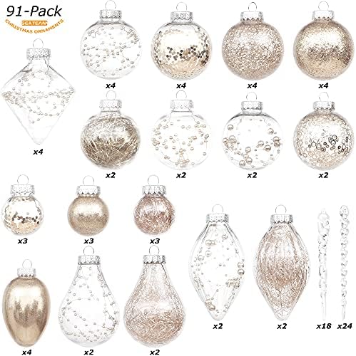 Sea Team 91 pacotes variados claros de Natal, enfeites de bola de Natal transparentes, enfeites de Natal de plástico quebrado, lâmpadas de Natal, decorações de árvores de Natal,