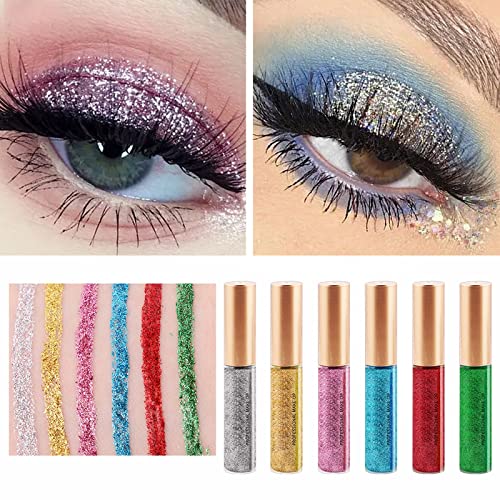 WGUST 6 Cores Glitter Glitter Eyeliner, brilho metálico Glitter Glitter Pigmment Pigmment SHIMMER SHIMMER IMPRESHO ANTESENTE LONGLASTING SCARKING Delineador colorido, Face Lips Art for Party Festival Makeup, 2,5ml