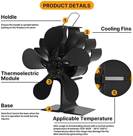 Black 4 Blades Home Stove Fan 5 Blades Distribuição de calor eficiente do ventilador de calor para o queimador de madeira/tronco