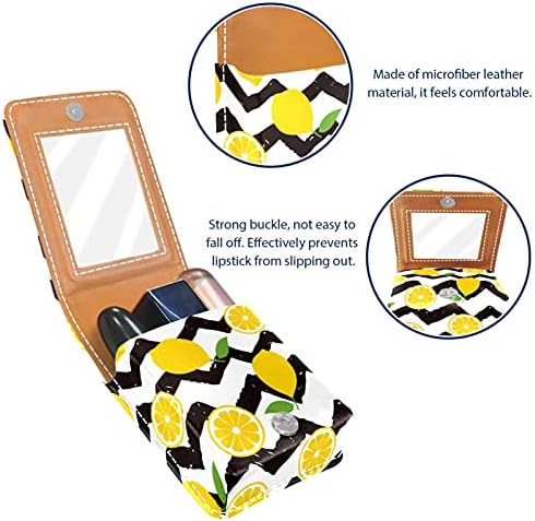 Limão em estojo de batom de padrão de faixa de onda de triângulo para viajar para fora, mini bolsa cosmética de couro macio com espelho, portátil de maquiagem de maquiagem bolsa