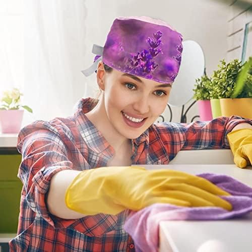 Homedecorzone 2 peças lavanda Chapéus de trabalho com botões Cap bouffant elástico com banda de suor