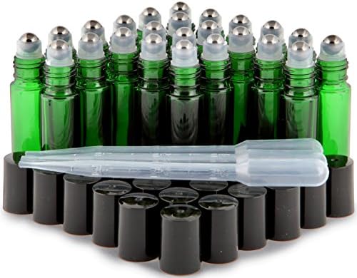 Vivaplex, 24, verde, garrafas de roll-on de vidro de 10 ml com bolas de rolos de aço inoxidável-3-3 ml de droppers incluídos