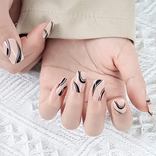 Pressione nas unhas - Ladying Square Fake Unhas com cola de unha, pregos falsos brilhantes pregos de acrílico de acrílico em unhas em 10 tamanhos - 24pcs cola de gel macio no kit de unhas, linha francesa preta, linha francesa