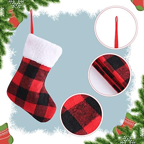 Sibba 4 Pacote meias de Natal, meias de Natal da xadrez de búfalo vermelho com manguito de pelúcia, lareira pendurando meias decorações