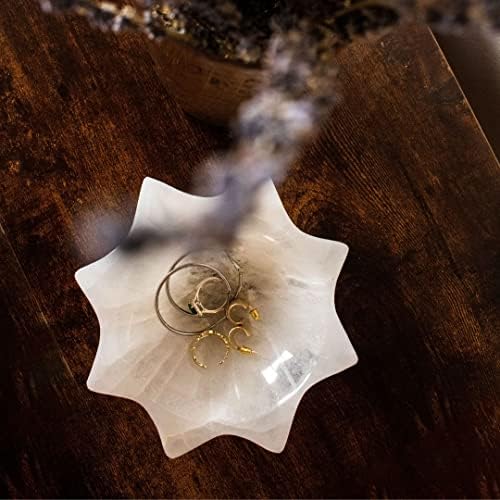 Tigela de cristal selenita de 6 polegadas, selenita marroquina real para segurar cristais, chakra, equilíbrio de energia, manchas, exibição de reiki tigela, altar, carregamento de cristal para cura, meditação, símbolo estrela