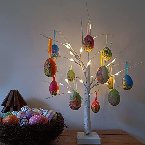 Tree de páscoa 2ft / 60cm 24 Bateria de LED alimentada com 10pcs de estilo vintage ovos de bétula decorativa de comprimido de bétula celebra Decorações de primavera