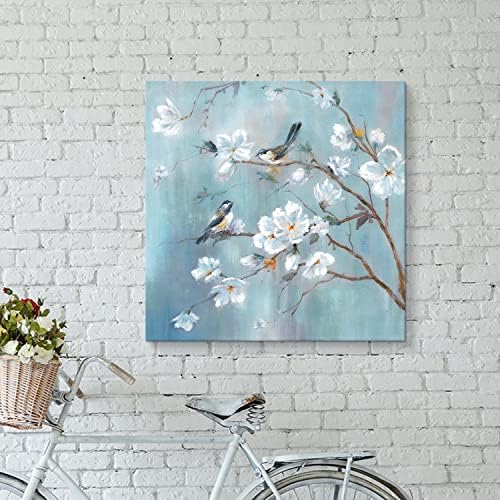 Arte de parede da lona de flor branca utop-art: Elegant Tree and Birds Artwork Pintura floral para quarto