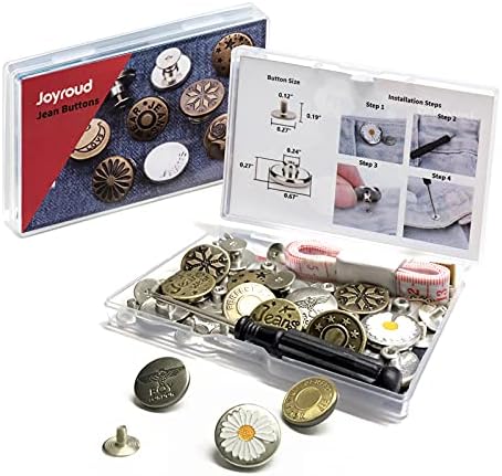 JoyRoud 18 Defina botões de bronze de metal, kit de substituição com botões e prendedores em caixa de armazenamento de plástico