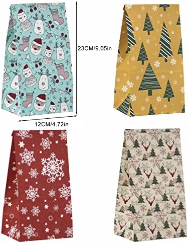 Hunxuo 24 PCs Sacos de papel de Natal com adesivos, sacos de tratamento de Natal Kraft Paper Food Bakery Boxes para doação de presentes de feriado e suprimentos de festa de Natal, 21 * 12 * 8cm
