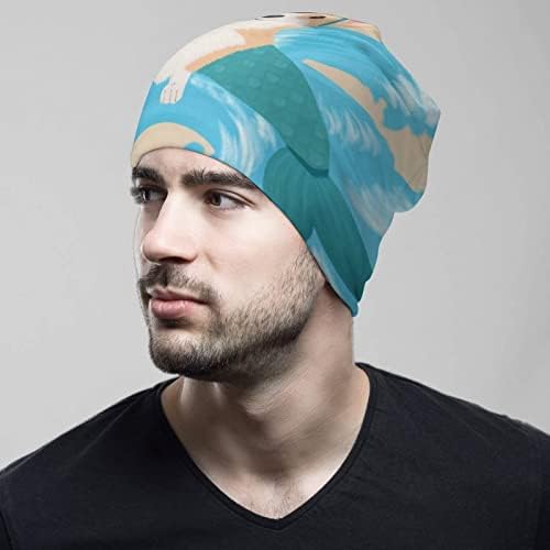 Baikutouan Corgi Pet Mermaid Print Feanie Hats for Men Women With Designs Skull Cap