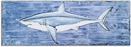 Arte de parede da tela de tubarão Sygallerier com texturização - pinturas de peixe em cor azul e branca - obra de arte da vida marinha contemporânea para o quarto da sala decoração do banheiro
