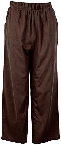 Calça de linho de algodão casual feminina calça folgada cintura elástica Relax Fit Lanters Troushers Wide perna as