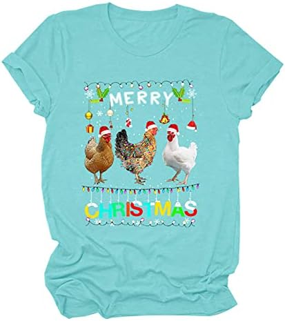 Camisetas de tee de manga curta de Natal feminina, tampas de frango feliz de Natal, camiseta de pullinat de haplover de santa
