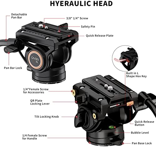 CAYER K6 Cabeça de fluido, cabeça de tripé de câmera de metal com alça de panela ajustável, cabeça de tripé de vídeo pesado