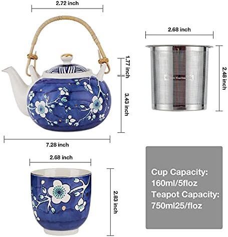 Conjunto de chá japonês de chá de chá Taimei, conjuntos de chá de cerâmica com 1 bule, 4 xícaras de chá, 1 infusador inoxidável,