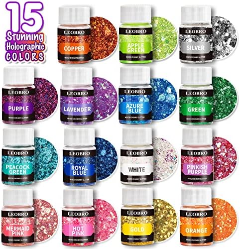 Glitter grossa holográfico, 15 cores Glitter para resina, com 5pcs misturando colher, glitter cosmético leobro para