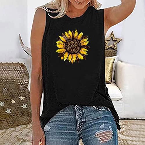 Oplxuo feminino redondo de pescoço sem mangas tampas do sol das flores de estampa de flor do sol camisetas gráficas camisetas de verão soltas de verão