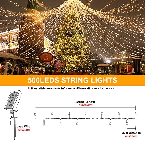 Mimigogo Solar String Lights Outdoor, 500 LED de 165 pés de Natal com 8 modos e timer, controle remoto para decoração de festa do jardim do pátio de férias