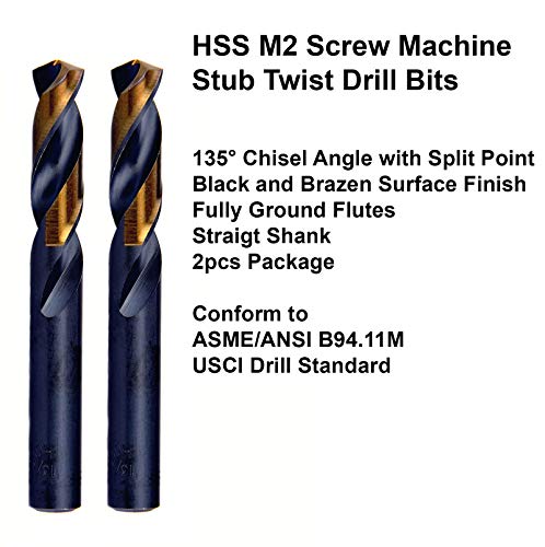 Maxtool 7/16 2pcs parafuso idêntico exercícios de máquina de parafuso HSS M2 Twist Stub Bits Black e bronze Bronze Trelha curta de haste direta totalmente moída; Smf02H10R28P2