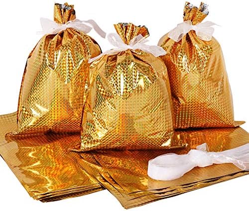 Pacote HRX Sacos de presente de papel alumínio de ouro com gravatas, sacos de embrulho de presentes 30pcs