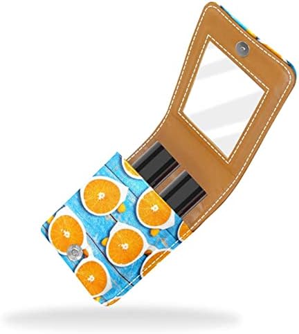 Caixa de batom laranja de óculos de verão para viajar para fora, mini bolsa cosmética de couro macio com espelho, saco