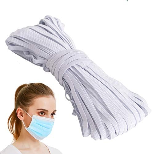 Cordão elástico plano para máscaras - 1/5 polegada, 30 jardas brancas | Barbante de alongamento, corda, banda, alça para fazer máscaras faciais, costura, arte