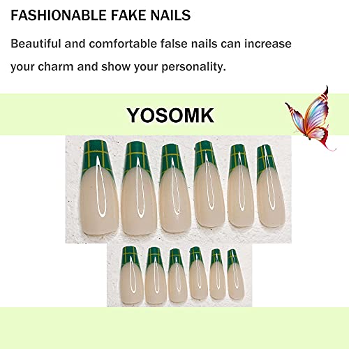 Yosomk Green French Tip Press em unhas compridas com desenhos de grade de caixão brilhante unhas falsas pressione