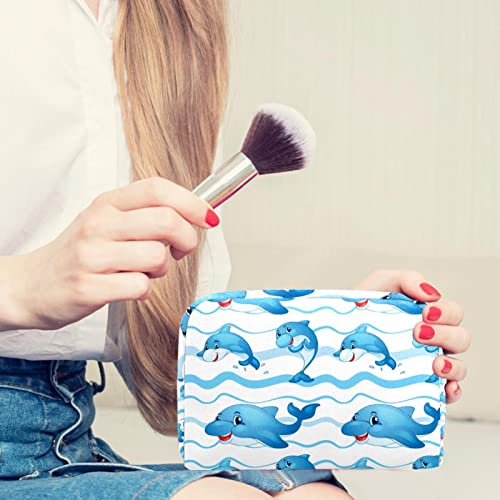 Cartoon fofos Dolphins Blue Wave Background Small Makeup Bag Pouch para Bolsa Cosmética de Viagem para Purse Bag portátil