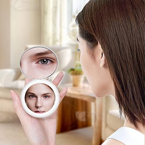 Espelho de maquiagem de viagem iluminada por PasLED, espelho recarregável de 1x/10x, sensor de toque, espelho dobrável iluminado de 3,5 polegadas, espelho de ampliação de mini-viagens, espelho de 2 lados de mão, branco, branco