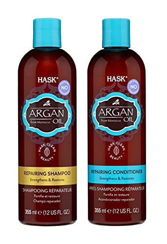 Hask Argan Reparando Shampoo + Condicionador Conjunto para todos os tipos de cabelo, cor segura, sem glúten, livre de sulfato, livre de parabenos, livre de crueldade-1 shampoo e 1 condicionador